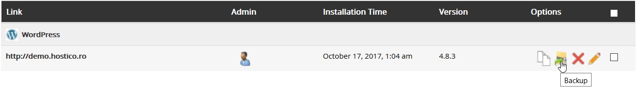 Oddelek za varnostne kopije aplikacije Softaculous