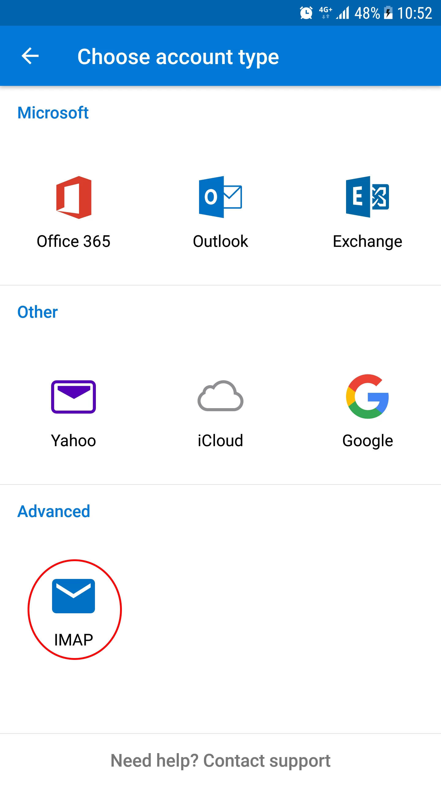 Setarea tipului de cont IMAP