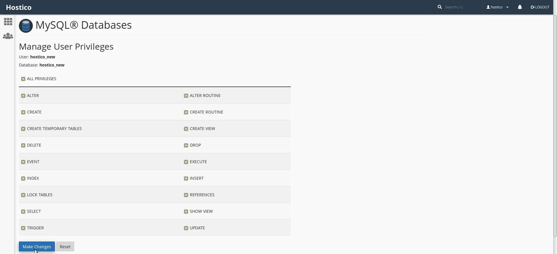 Dovoljenja baze podatkov cPanel