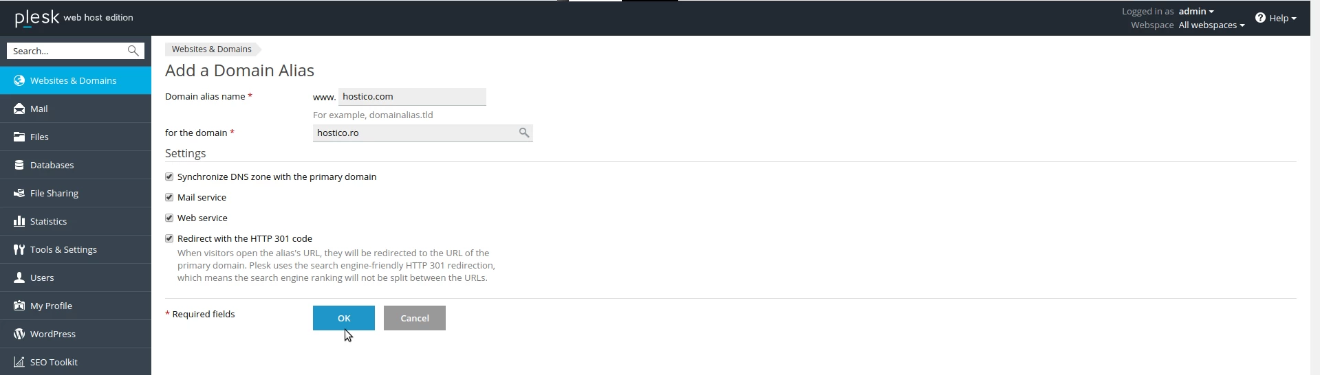 Selectare domeniu alias pentru domeniu principal