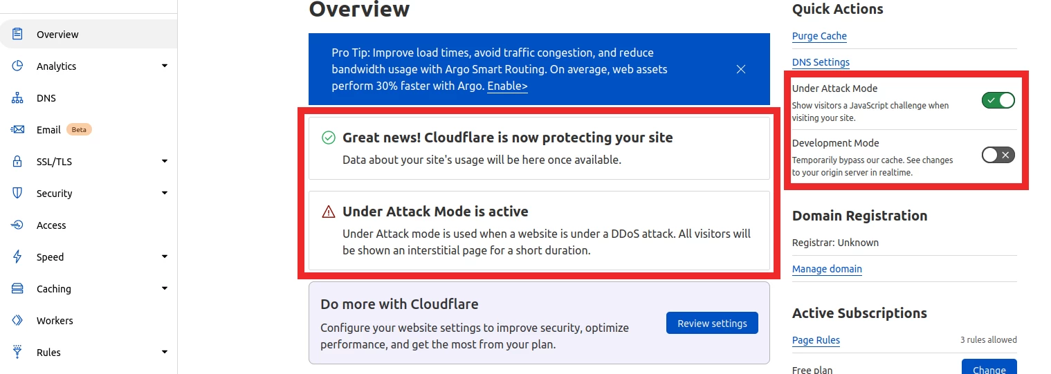 Obvestilo o aktivnem načinu pod napadom